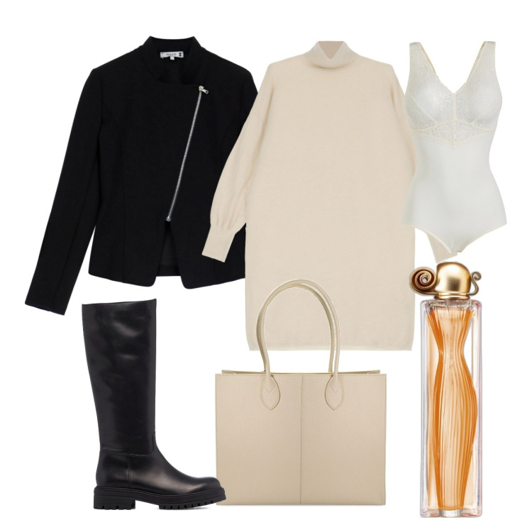 Outfit donna - Domani a scuola. Stile Casual chic per Scuola/Università. Abbinamento con body, profumi, vestiti corti, cappotti, borse a spalla, stivali.