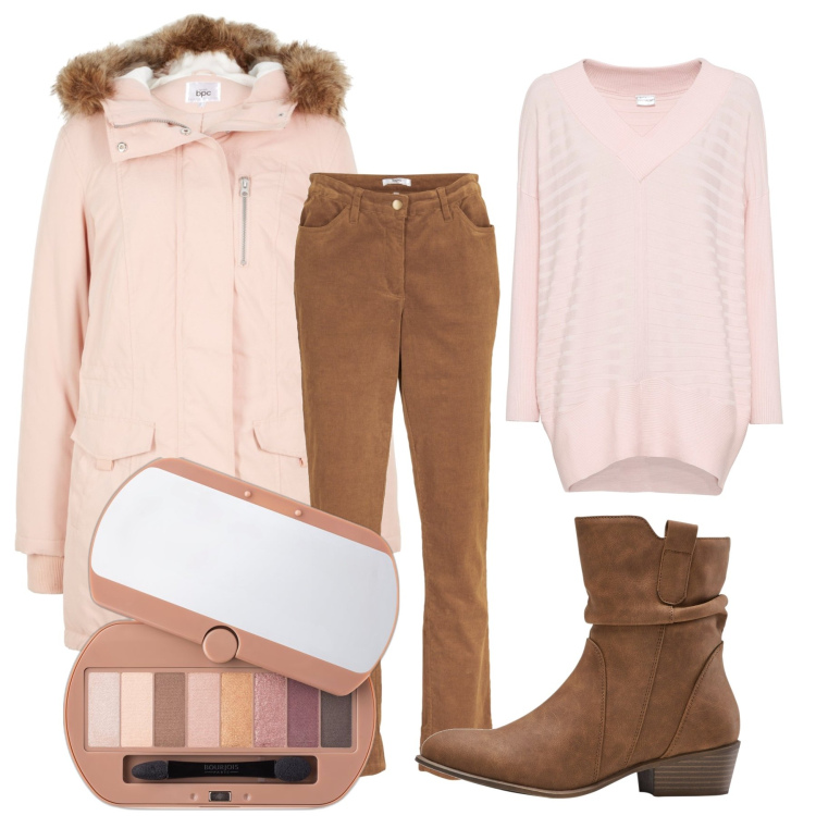 Outfit donna - Rosa e marrone. Stile Casual per Tutti i giorni. Abbinamento con pantaloni, maglieria, parka, stivaletti texani, ombretti.