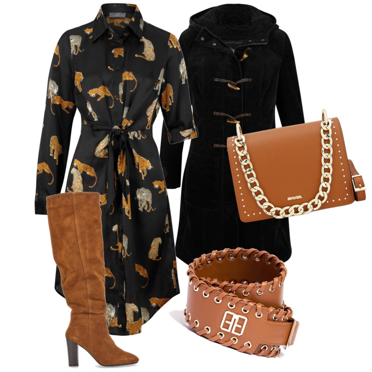 Outfit donna - Accessori at first !. Stile Glamour per Tutti i giorni. Abbinamento con vestiti chemisier, montgomery, cinture, pochette, stivali.