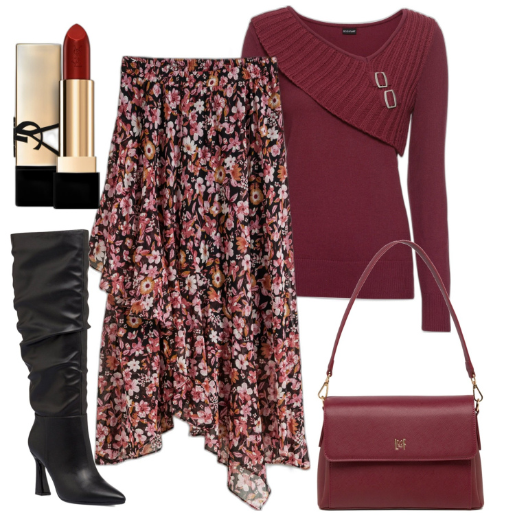 Outfit donna - Total look #1766304. Stile Romantica per Tutti i giorni. Abbinamento con maglieria, gonne, rossetti, borse a tracolla, stivali sopra il ginocchio.