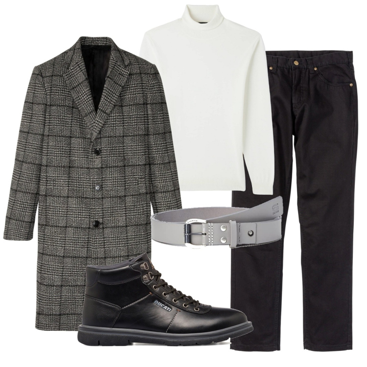 Outfit uomo - Il cappotto tartan. Stile Trendy per Serata speciale. Abbinamento con pantaloni, cappotti, maglieria, stivali e stivaletti, cinture.