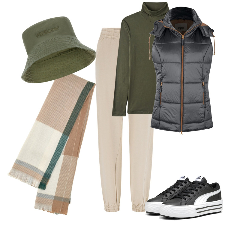 Outfit donna - Winter accessories. Stile Basic per Tutti i giorni. Abbinamento con gilet, t-shirt, pantaloni, cappelli, sneakers, sciarpe.