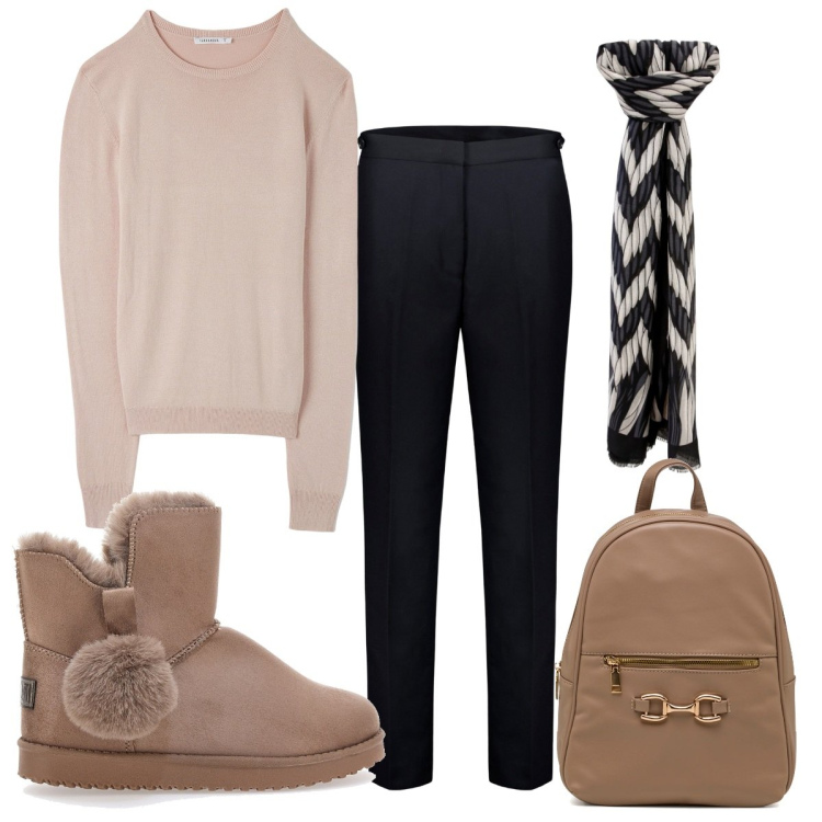 Outfit donna - Non so rinunciare a... il foulard. Stile Trendy per Tutti i giorni. Abbinamento con maglieria, foulard, zaini, pantaloni, stivaletti.