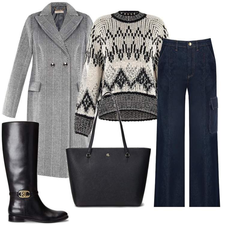 Outfit donna - Casual chic ufficio. Stile Casual per Ufficio. Abbinamento con maglieria, pantaloni cargo, cappotti, borse tote, stivali sopra il ginocchio.