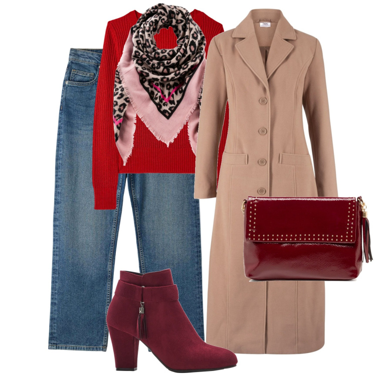 Outfit donna - Stile easy per tutti i giorni. Stile Casual chic per Tutti i giorni. Abbinamento con foulard, cappotti, stivaletti, jeans dritti, maglieria, borse a tracolla.