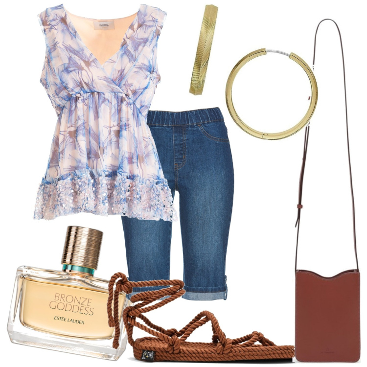 Outfit donna - In giro con le amiche. Stile Basic per Tutti i giorni. Abbinamento con bermuda, profumi, bluse, orecchini, borse a tracolla, sandali.