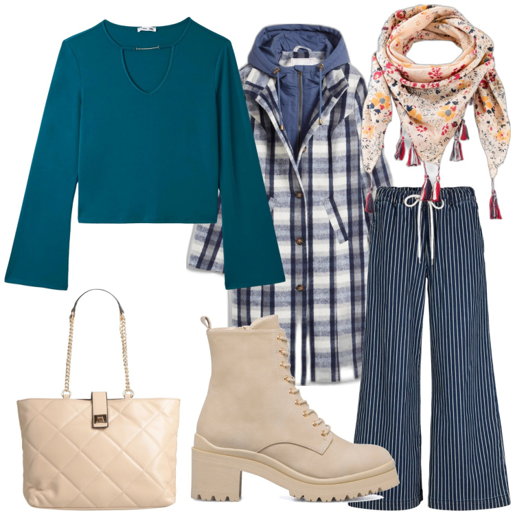 Outfit donna - Sportiva d\'inverno. Stile Casual chic per Tutti i giorni. Abbinamento con cappotti, pantaloni a palazzo, foulard, borse a spalla, t-shirt, anfibi.
