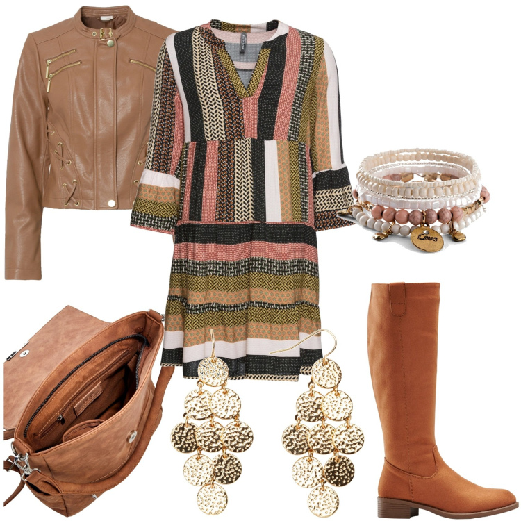 Outfit donna - Mi vesto con il Black Friday. Stile Etnico per Tutti i giorni. Abbinamento con stivali, braccialetti, cappotti, vestiti corti, orecchini, zaini.