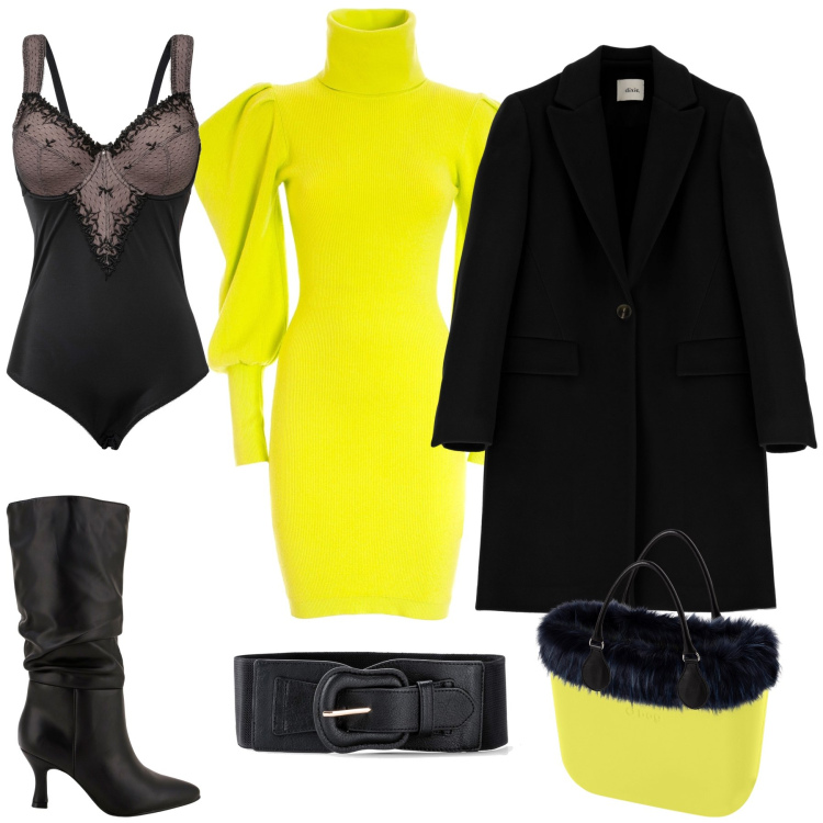 Outfit donna - Vestito e borsa colorati. Stile Trendy per Ufficio. Abbinamento con body, cinture, vestiti, stivali, cappotti, borse a spalla.
