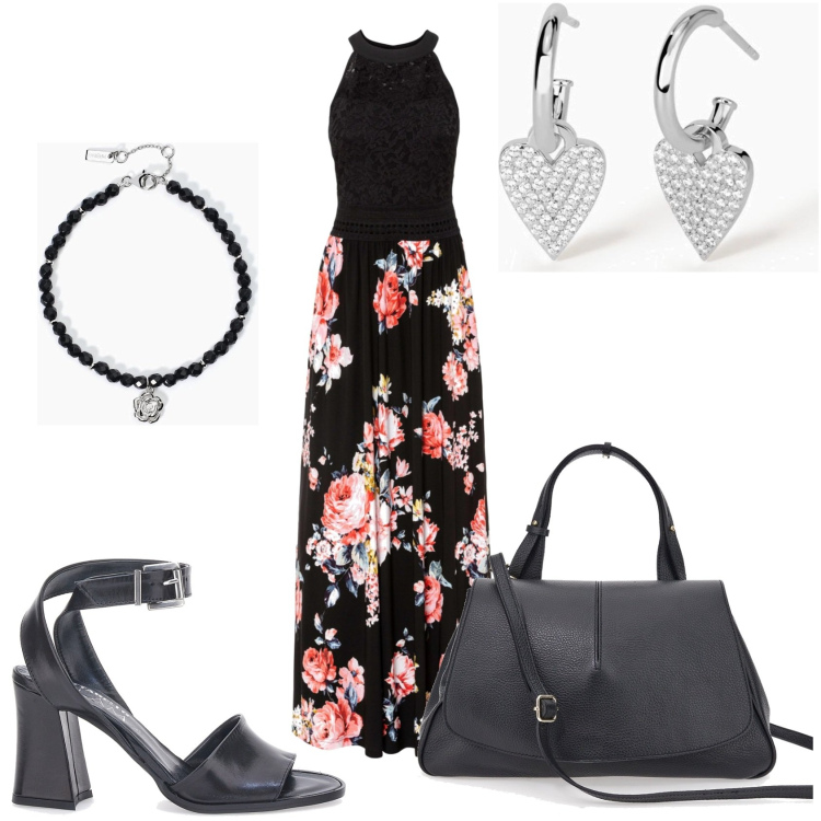 Outfit donna - In lungo fiorato con sandalo nero. Stile Glamour per Tutti i giorni. Abbinamento con vestiti lunghi, orecchini, braccialetti, sandali in pelle, borse a tracolla.