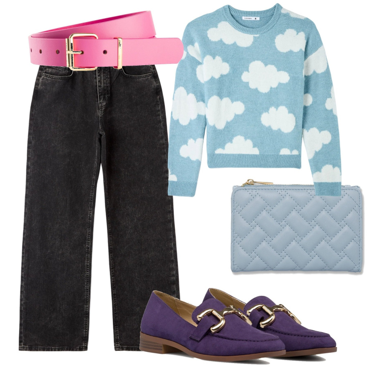 Outfit donna - Total look #1766465. Stile Casual chic per Scuola/Università. Abbinamento con cinture, jeans, maglieria, portafogli, mocassini.
