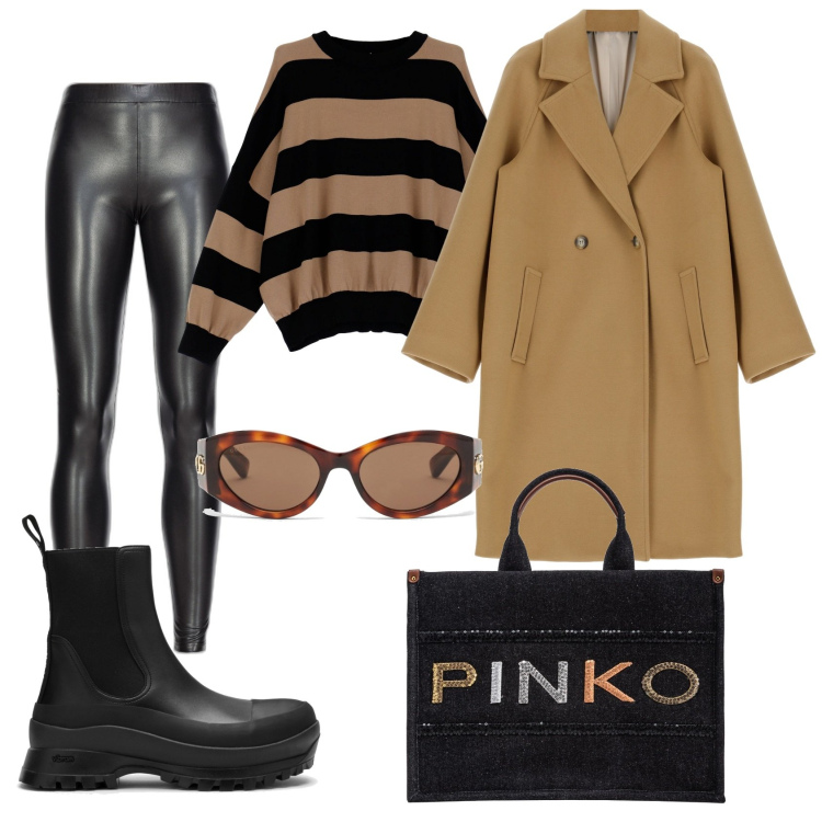 Outfit donna - Leggins in ecopelle. Stile Casual per Tutti i giorni. Abbinamento con shopping bag, leggings, cappotti, maglieria, occhiali da sole, stivaletti.