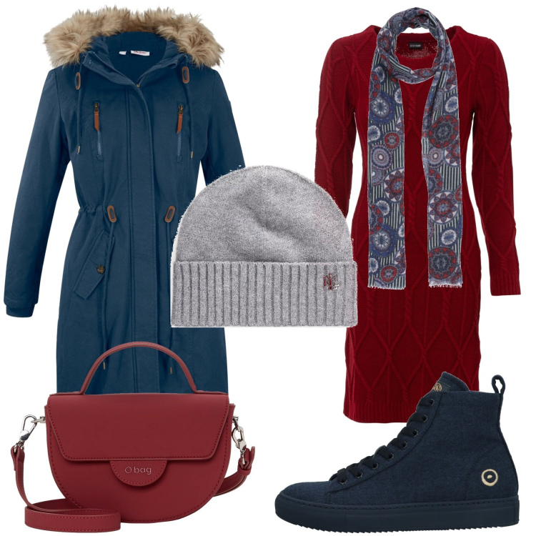 Outfit donna - Red&Grey&Blue. Stile Sporty chic per Tutti i giorni. Abbinamento con parka, vestiti, sneakers, sciarpe, berretti, borse a spalla.