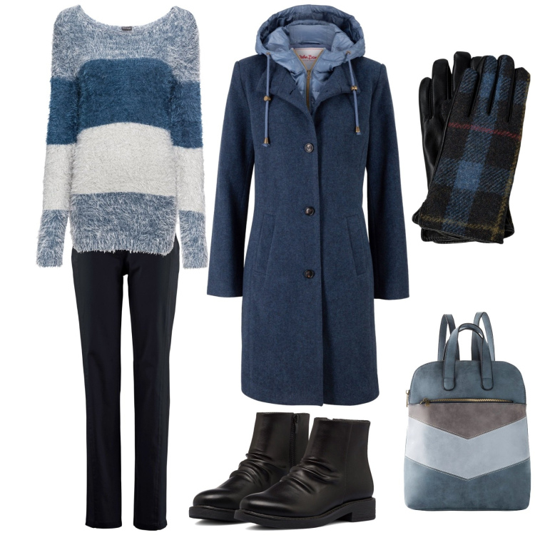 Outfit donna - Righe. Stile Casual per Tutti i giorni. Abbinamento con cappotti, maglieria, zaini, pantaloni sportivi, stivaletti, guanti.