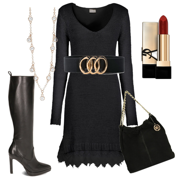 Outfit donna - Gli stivali femminili. Stile Casual chic per Tutti i giorni. Abbinamento con cinture, vestiti, rossetti, collane, stivali sopra il ginocchio, borse a spalla.
