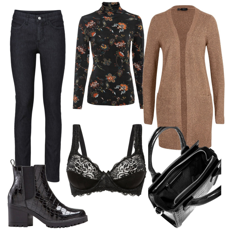 Outfit donna - Bonprix black Friday. Stile Basic per Ufficio. Abbinamento con maglieria, jeans skinny, cardigans, stivaletti chelsea, borse a mano, reggiseni.