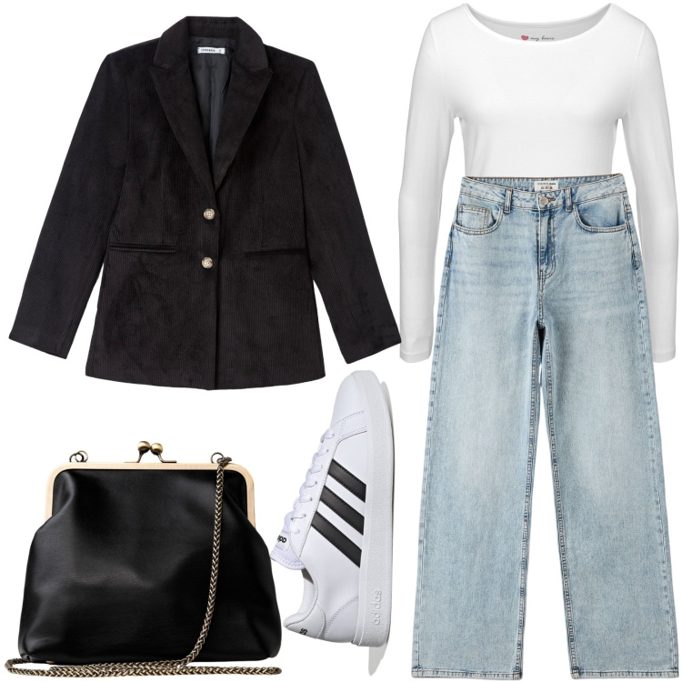 Outfit donna - Sporty chic. Stile Sporty chic per Tutti i giorni. Abbinamento con t-shirt sportive, jeans, cappotti, sneakers, clutch.