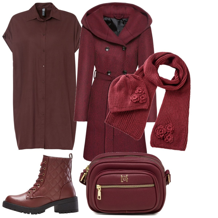 Outfit donna - Nei toni bordeaux. Stile Casual per Tutti i giorni. Abbinamento con cappotti, vestiti, stivaletti, sciarpe, borse a tracolla.