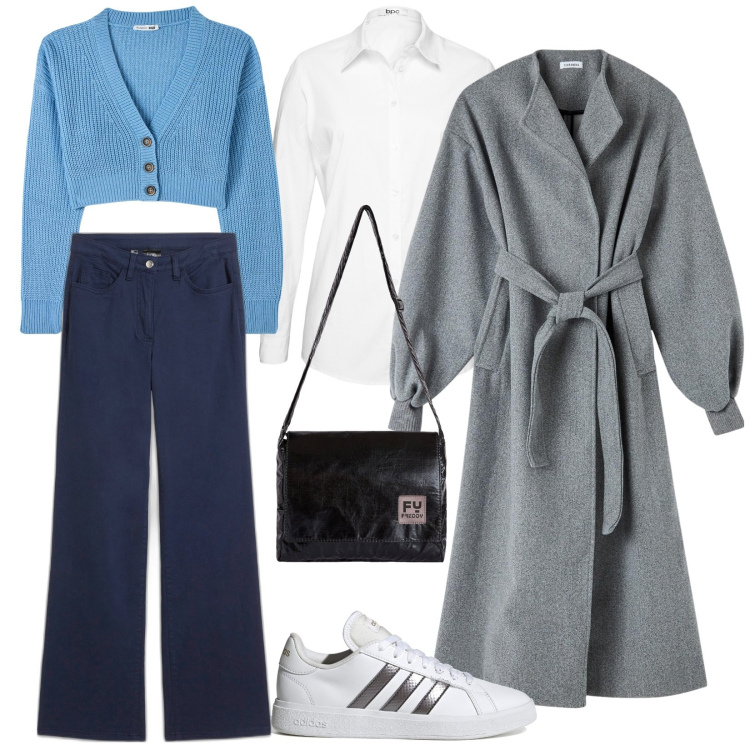 Outfit donna - Una commissione in centro. Stile Casual per Tutti i giorni. Abbinamento con camicie, pantaloni, cardigans, cappotti, borse a tracolla, sneakers alte.
