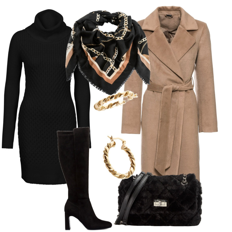 Outfit donna - Stivali neri. Stile Casual chic per Serata fuori. Abbinamento con vestiti, cappotti, foulard, orecchini, borse a spalla, stivali.