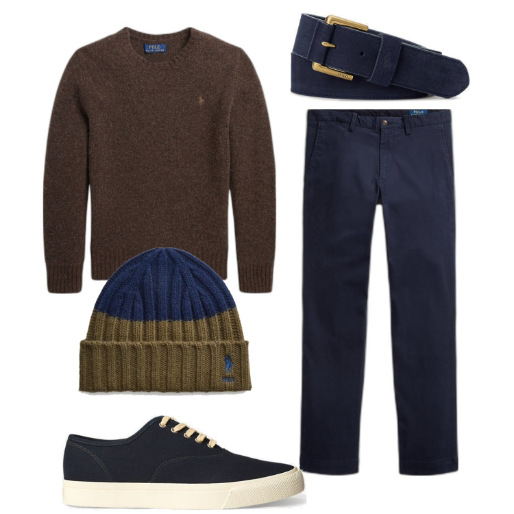 Outfit uomo - Oliva e blu. Stile Urban per Tutti i giorni. Abbinamento con sneakers, cinture, berretti, pantaloni, maglieria.