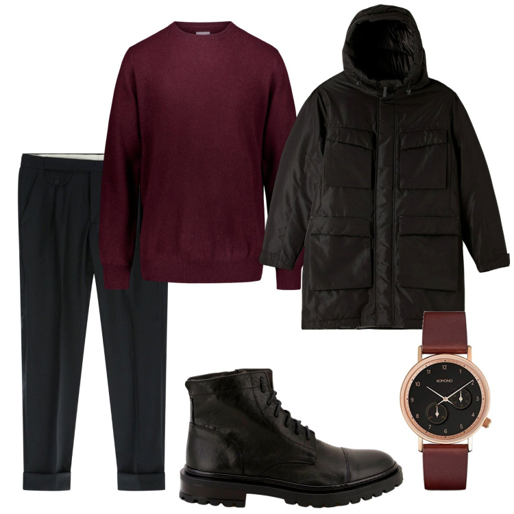 Outfit uomo - Stasera. Stile Trendy per Serata speciale. Abbinamento con parka, pantaloni capri, scarpe stringate, maglieria, orologi.