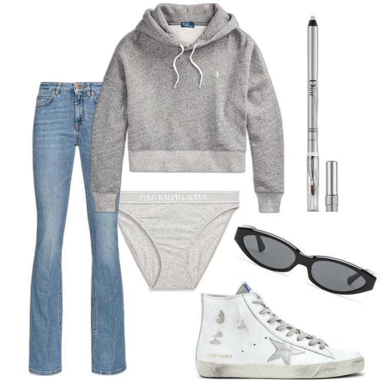 Outfit donna - Silver. Stile Urban per Tutti i giorni. Abbinamento con matite labbra, jeans, culotte, felpe con cappuccio, sneakers alte, occhiali da sole.