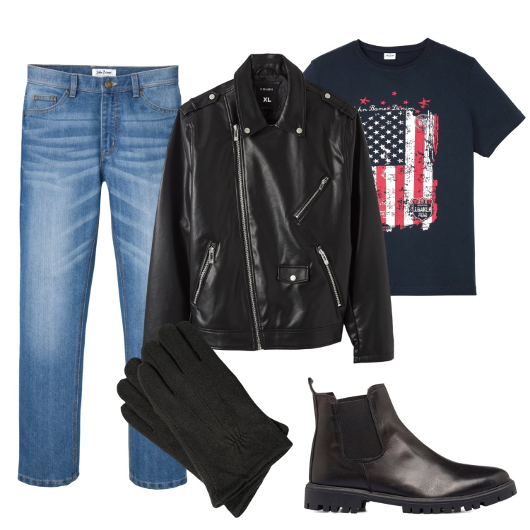 Outfit uomo - Un tipo un po’ rock. Stile Biker Rock per Tutti i giorni. Abbinamento con t-shirt, jeans, cappotti, stivali e stivaletti, guanti.