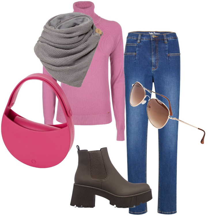 Outfit donna - La bag rosa shock. Stile Casual chic per Tutti i giorni. Abbinamento con occhiali da sole, foulard, jeans mom, maglieria, stivaletti, borse a spalla.