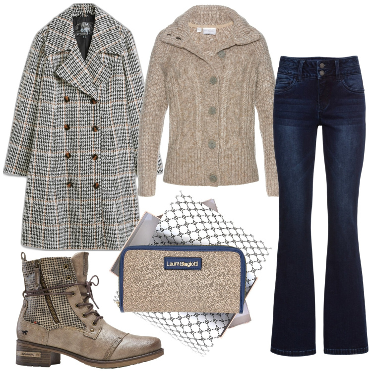 Outfit donna - Cappotto bouclé. Stile Casual per Tutti i giorni. Abbinamento con jeans bootcut, cardigans, cappotti, stivaletti, portafogli.