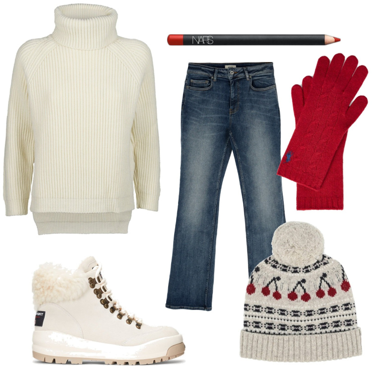 Outfit donna - In montagna. Stile Casual per Tutti i giorni. Abbinamento con matite labbra, stivaletti, guanti, jeans dritti, cappelli, maglieria.