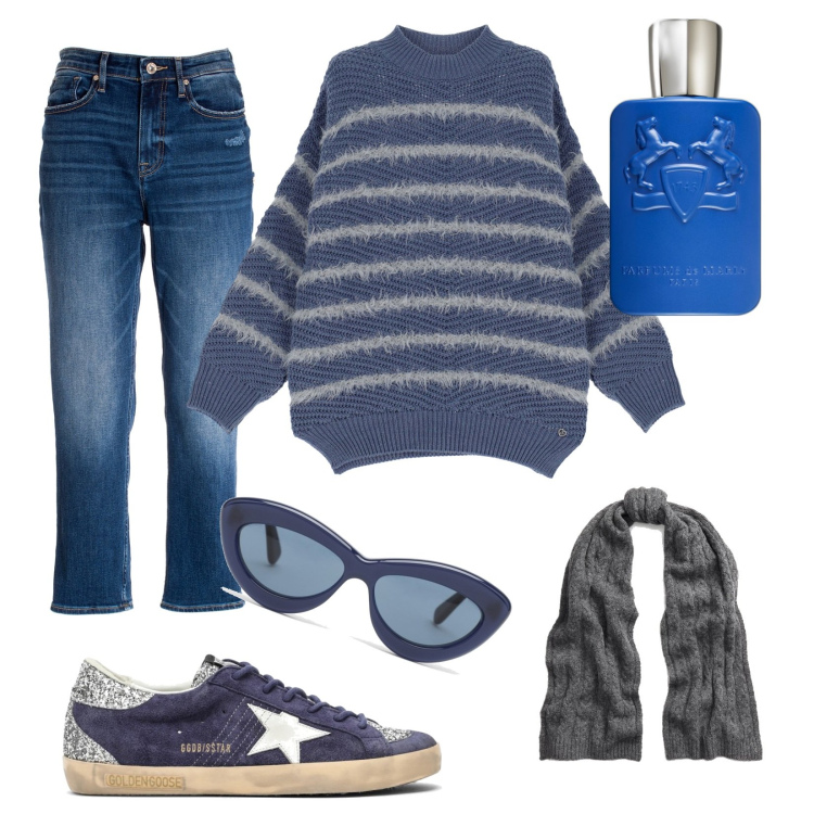Outfit donna - Total look #1766657. Stile Trendy per Tutti i giorni. Abbinamento con profumi, maglieria, jeans, sciarpe, sneakers, occhiali da sole.