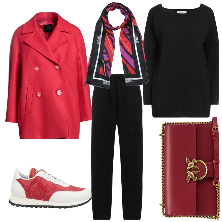 Outfit donna - Caffè con stile. Stile Sporty chic per Tutti i giorni. Abbinamento con caban, pullovers, pantaloni, sciarpe, sneakers, borse a tracolla.