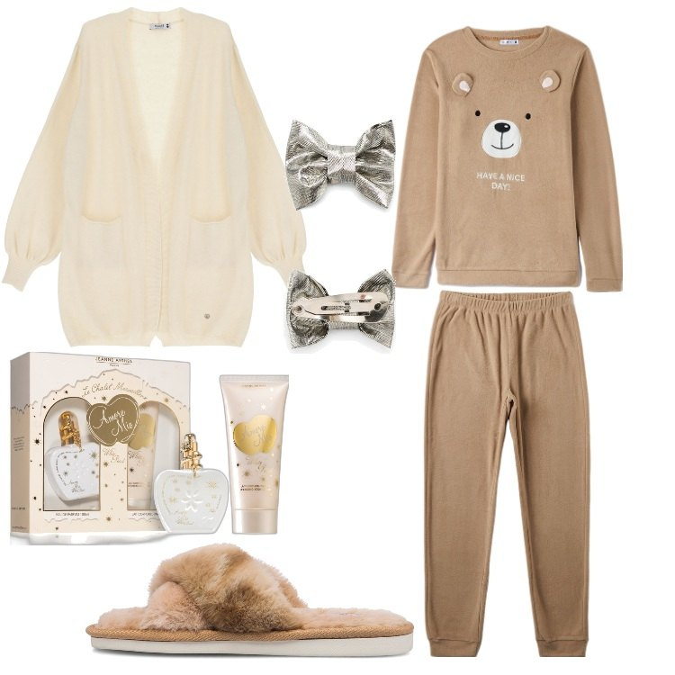 Outfit donna - Homewear coccoloso. Stile Romantica per Tutti i giorni. Abbinamento con profumi, pigiama, cardigans, pantofole, accessori per capelli.
