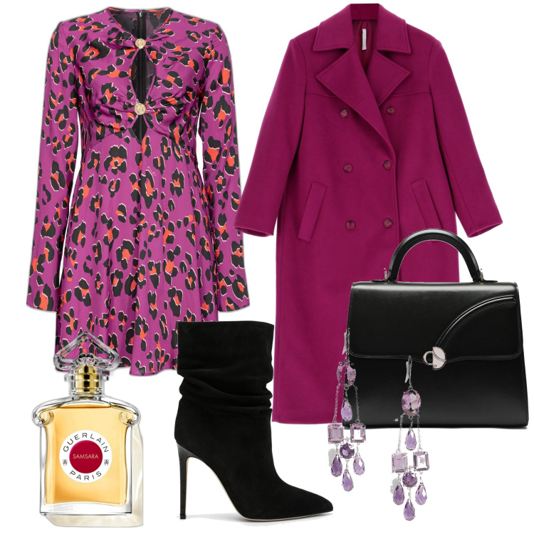 Outfit donna - Vestito e cappotto. Stile Chic per Ufficio. Abbinamento con profumi, vestiti, cappotti, orecchini, stivali, borse a mano.