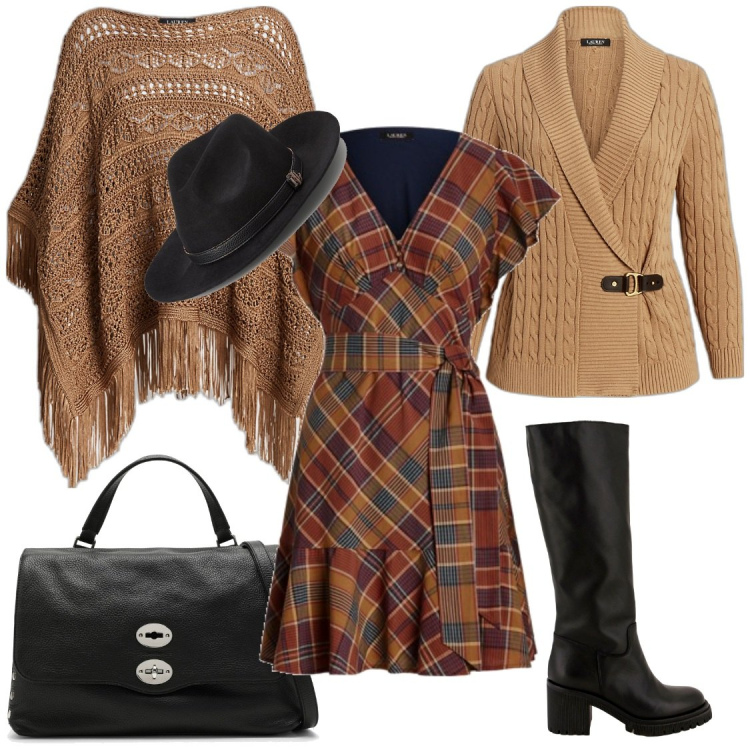 Outfit donna - Cool. Stile Chic per Tutti i giorni. Abbinamento con stivali sopra il ginocchio, maglieria, vestiti, cappotti, sciarpe, borse a mano.