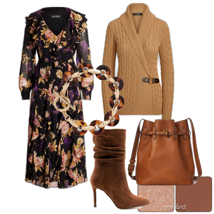 Outfit donna - Vestito lungo e cardigan. Stile Chic per Serata fuori. Abbinamento con ombretti, stivaletti, maglieria, vestiti, borse a secchiello, braccialetti.