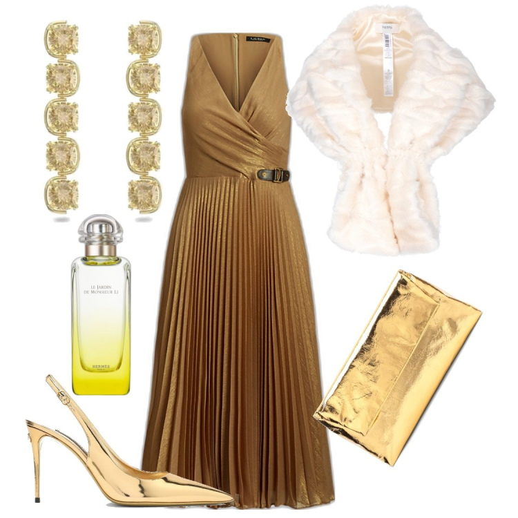 Outfit donna - Sogno ed evasione. Stile Romantica per Serata fuori. Abbinamento con profumi, stole, vestiti, orecchini, pochette, scarpe col tacco.