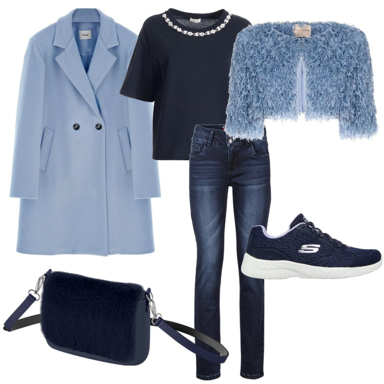 Outfit donna - Elegantissima tutti i giorni. Stile Casual chic per Tutti i giorni. Abbinamento con jeans, bolero, t-shirt, sneakers, cappotti, borse a spalla.