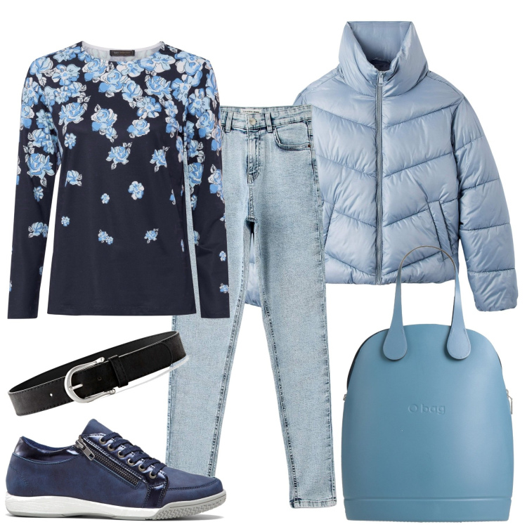 Outfit donna - Cielo azzurro. Stile Basic per Tutti i giorni. Abbinamento con cinture, maglieria, sneakers alte, borse a mano, piumini, jeans skinny.