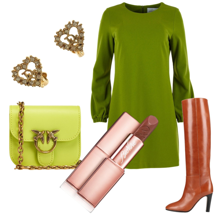 Outfit donna - Vediamoci per un caffè. Stile Glamour per Tutti i giorni. Abbinamento con stivali sopra il ginocchio, orecchini, rossetti, borse a tracolla, vestiti midi/longuette.