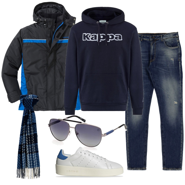 Outfit uomo - La felpa Kappa. Stile Casual per Tutti i giorni. Abbinamento con giacche, jeans slim fit, sciarpe, felpe con cappuccio, occhiali da sole, sneakers alte.