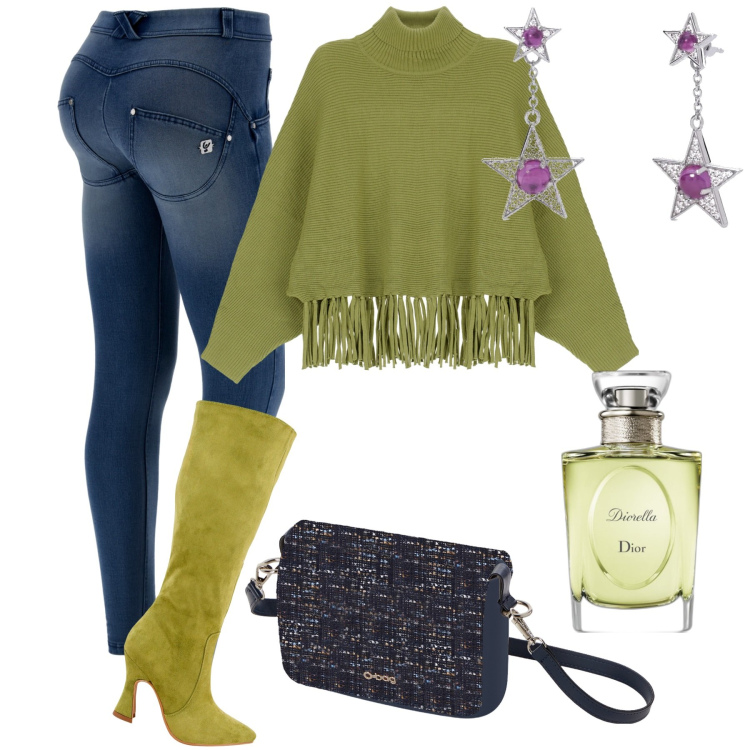 Outfit donna - Gli stivali verdi. Stile Trendy per Tutti i giorni. Abbinamento con orecchini, profumi, maglieria, stivali, jeans skinny, borse a spalla.