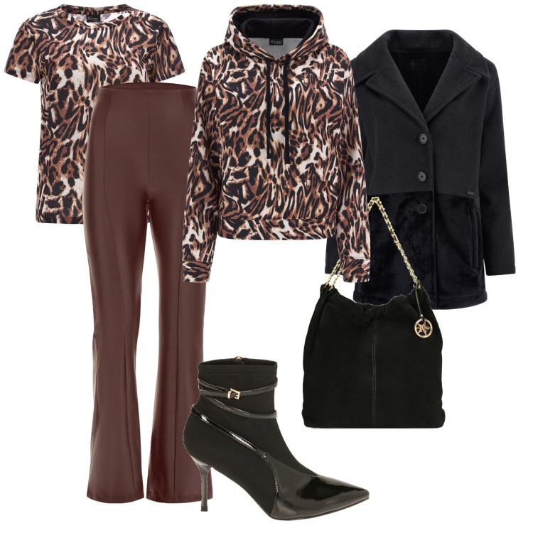 Outfit donna - Animalier sporty chic. Stile Sporty chic per Tutti i giorni. Abbinamento con pantaloni, cappotti, felpe con cappuccio, t-shirt, stivaletti, borse a spalla.
