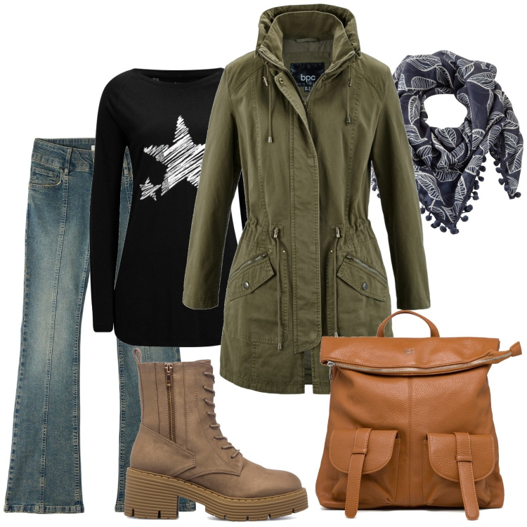 Outfit donna - Atmosfera Patagonia. Stile Urban per Tutti i giorni. Abbinamento con maglieria, parka, foulard, jeans a zampa, anfibi, zaini.