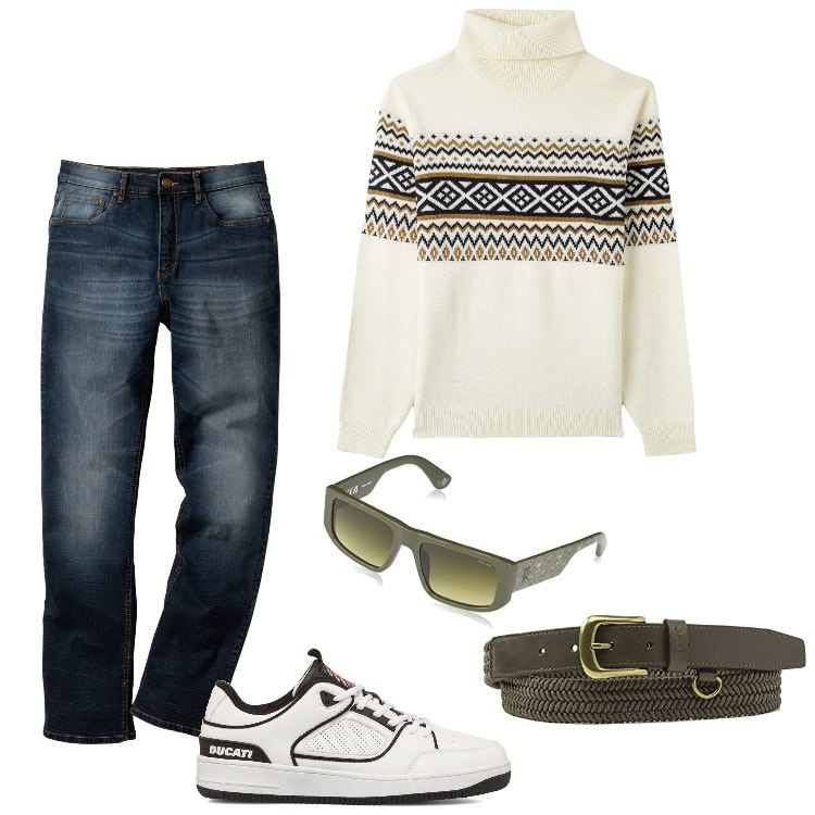 Outfit uomo - Il dolcevita con jacquard - Novembre. Stile Casual per Tutti i giorni. Abbinamento con jeans dritti, maglieria, sneakers, occhiali da sole, cinture.