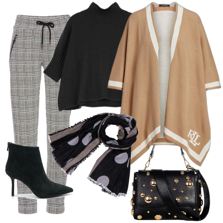Outfit donna - Total look #1766789. Stile Casual chic per Ufficio. Abbinamento con pantaloni, borse a spalla, maglieria, cappe, sciarpe, stivaletti.
