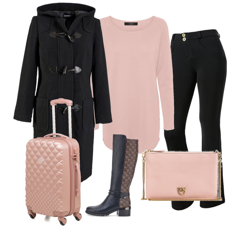 Outfit donna - Pronta a partire. Stile Romantica per Tutti i giorni. Abbinamento con montgomery, borse a tracolla, pantaloni skinny, pullovers, valigie, stivali sopra il ginocchio.