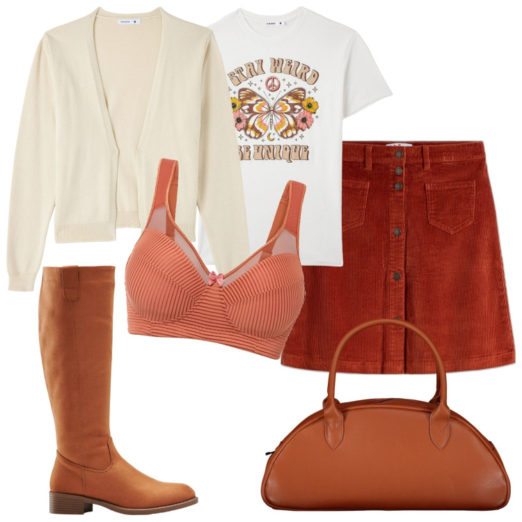 Outfit donna - Total look #1766800. Stile Casual per Tutti i giorni. Abbinamento con reggiseni, stivali, gonne, t-shirt, cardigans, borse a spalla.