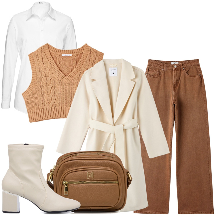 Outfit donna - Inverno. Stile Casual per Tutti i giorni. Abbinamento con camicie, cappotti, pantaloni, maglieria, borse a tracolla, stivaletti.